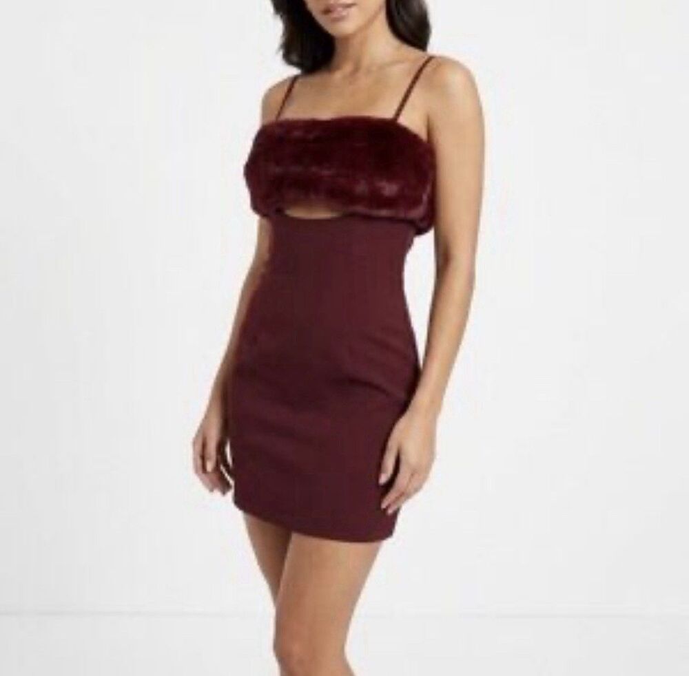 Naked Wardrobe Women’s Marron Burgundy Faux Fur Trim Cutout Mini Dress M Zipper
